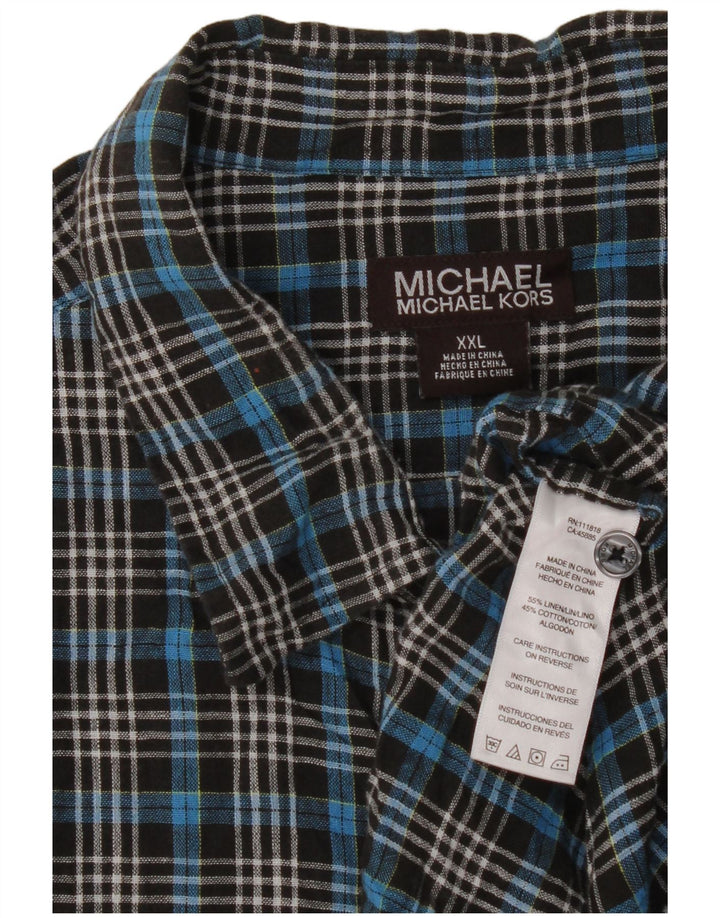 Michael Kors Chemise à manches courtes pour hommes 2XL Bleu à carreaux en lin