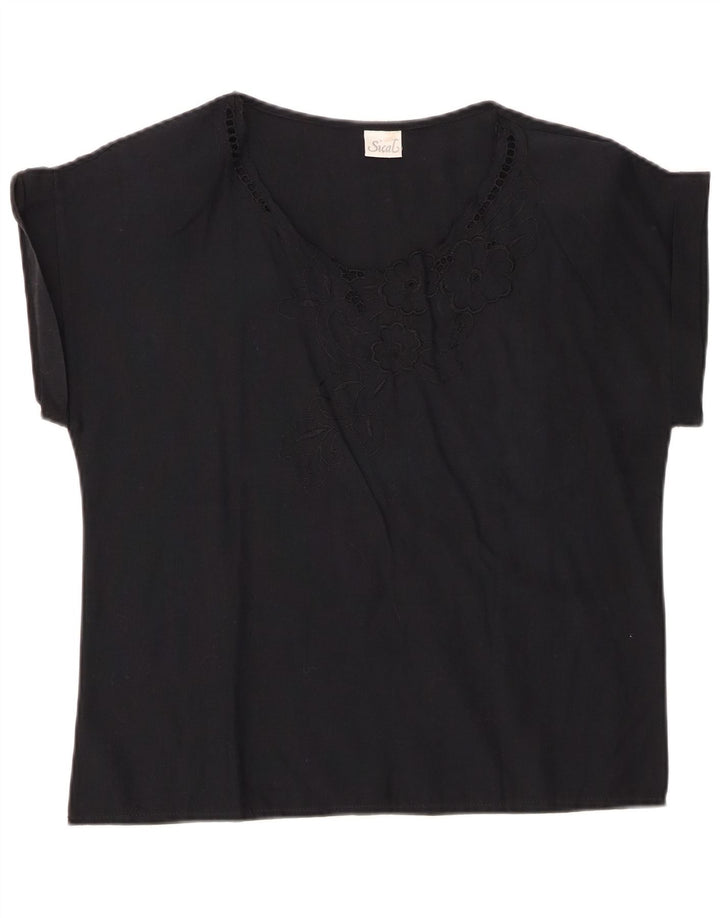 VINTAGE Chemisier Femme Top IT 44 Coton Floral Noir Moyen