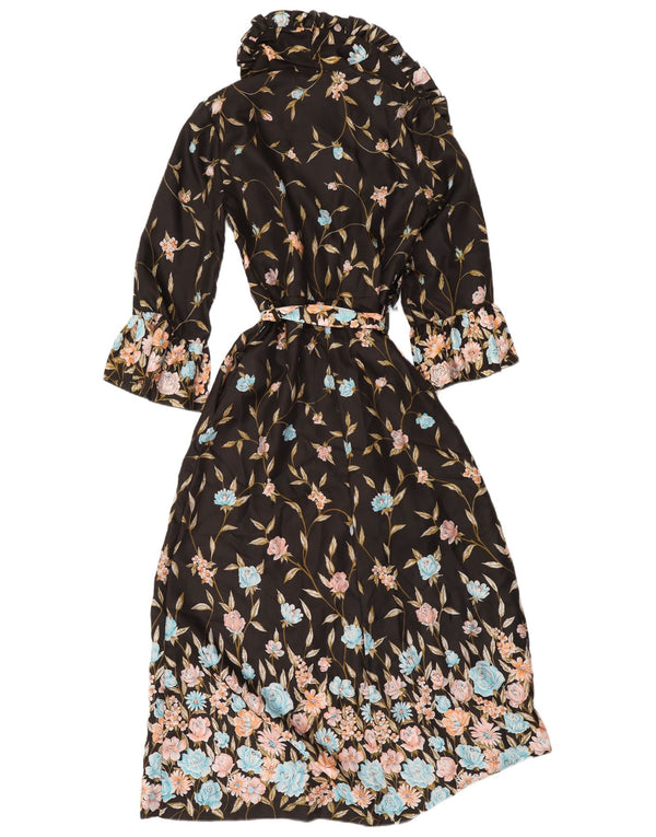 vintage Femmes Robe À Manches Longues Maxi Robe IT 44 Moyen Noir Floral