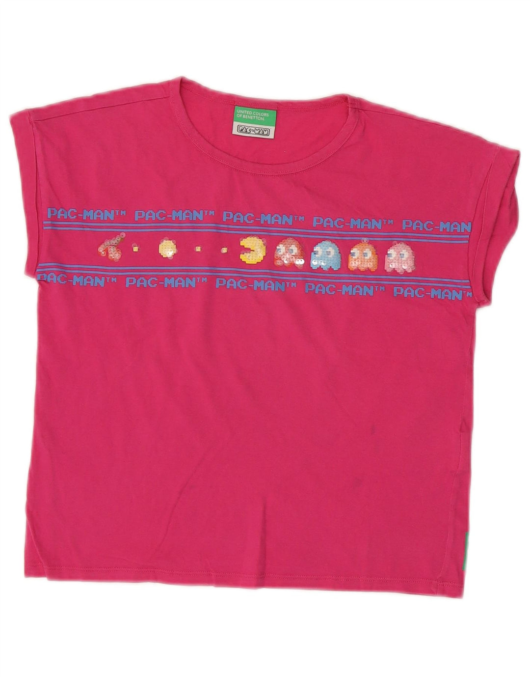 BENETTON Filles Pac-Man Crop Graphic T-Shirt Top 8-9 ans Grand Rose
