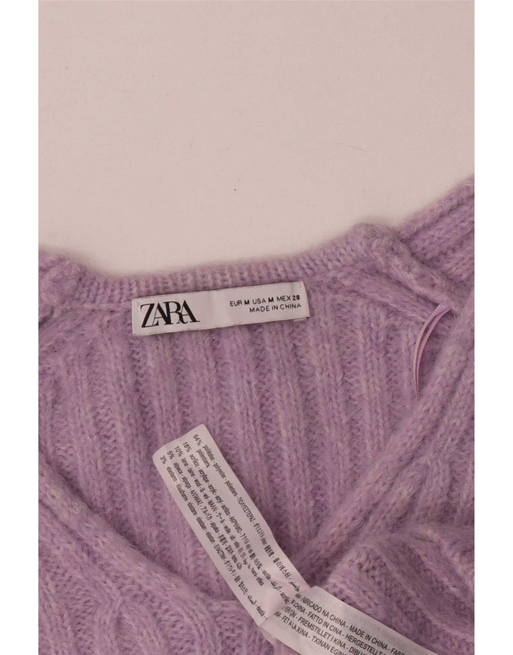Zara Pull court à col en V pour femme UK 14 Violet moyen Polyester