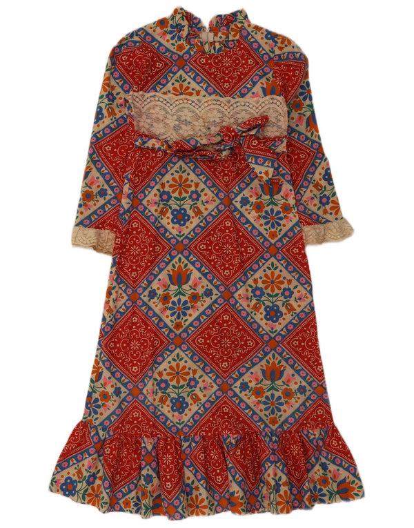 vintage Femmes 3/4 Manches Maxi Robe UK 4 XS Multicolore Floral
