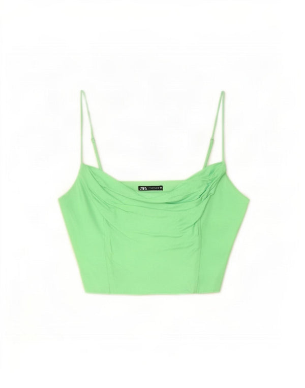 Zara Womens Crop Cami Top UK 12 Viscose Vert Moyen