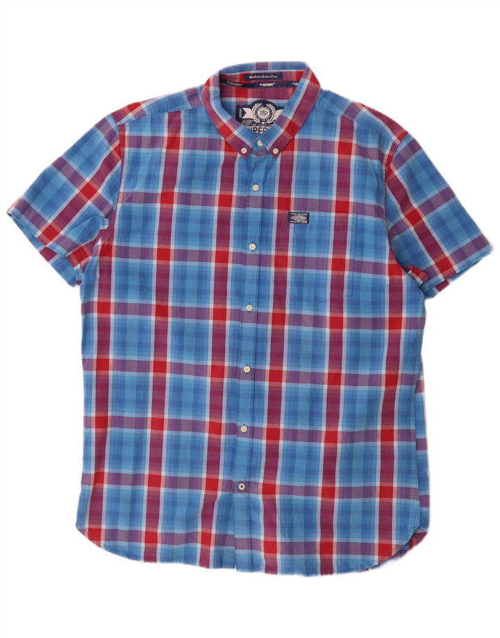 Superdry Chemise à manches courtes pour homme 2XL en coton à carreaux bleu