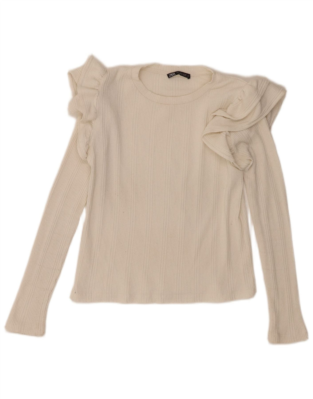 Zara Womens Top à volants sur le devant à manches longues UK 10 Small Off White