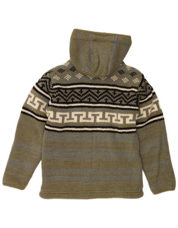 VINTAGE Cardigan à capuche pour homme en laine Fair Isle kaki moyen