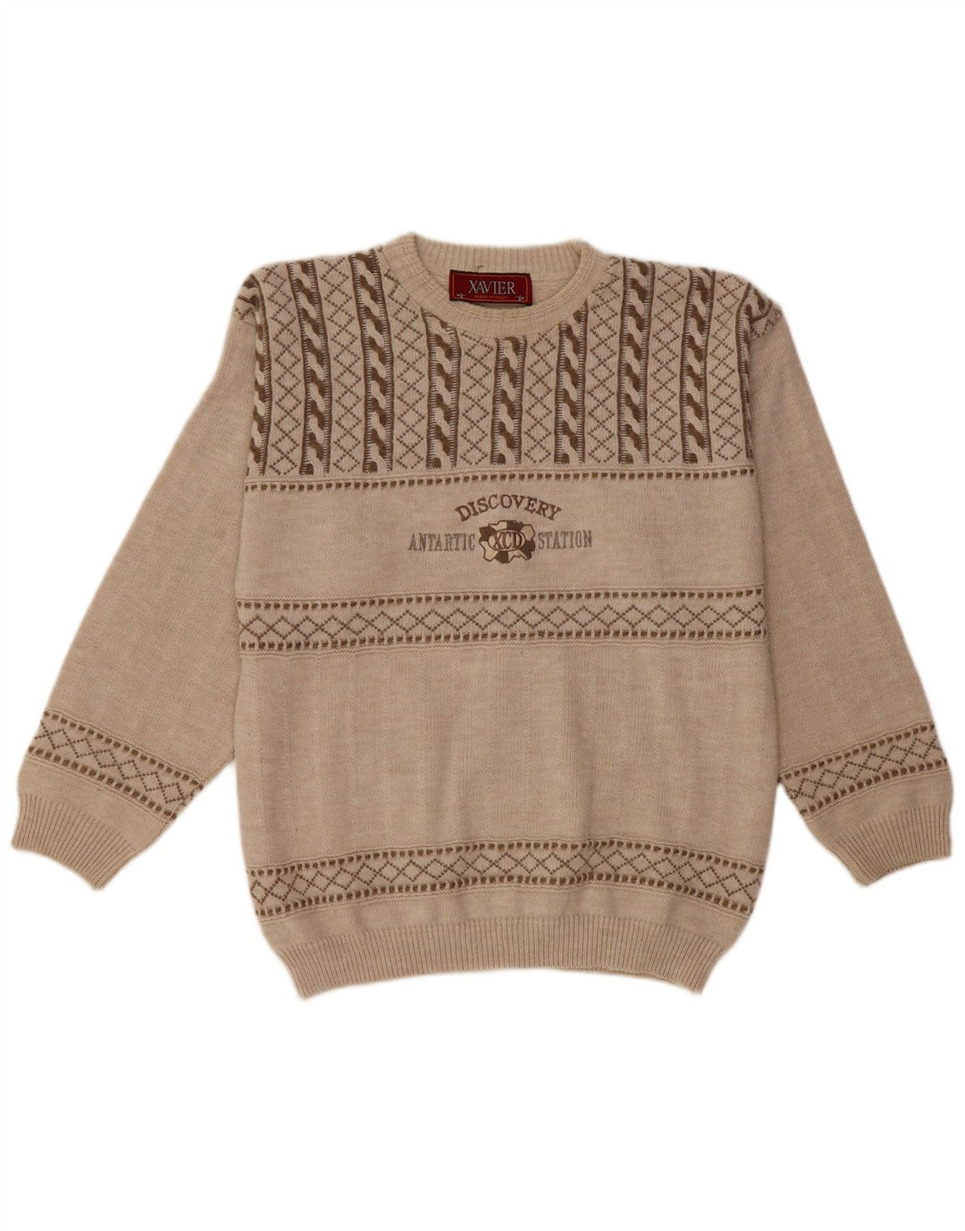 VINTAGE Pull graphique à col rond pour homme en laine rayée beige moyen