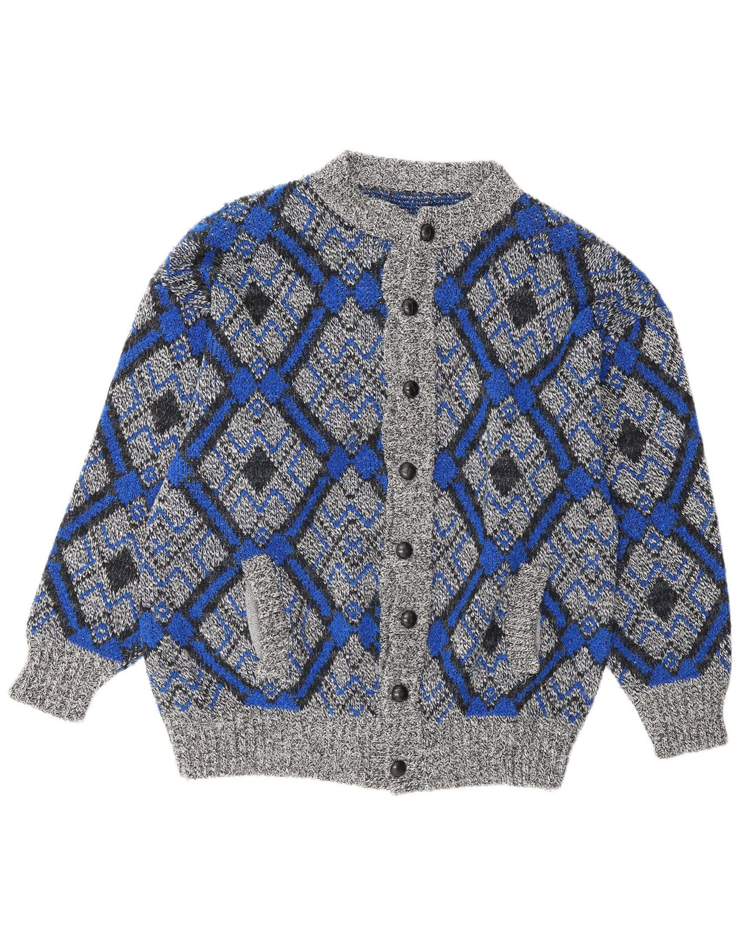 vintage Mens Cardigan Pull Grand Gris Géométrique