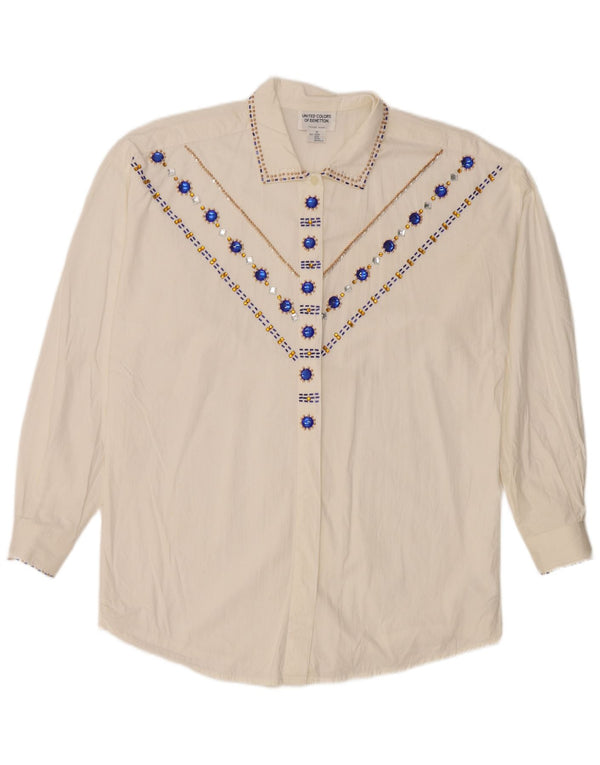 Benetton Chemisier graphique coupe ample pour femme IT 44 en coton blanc moyen