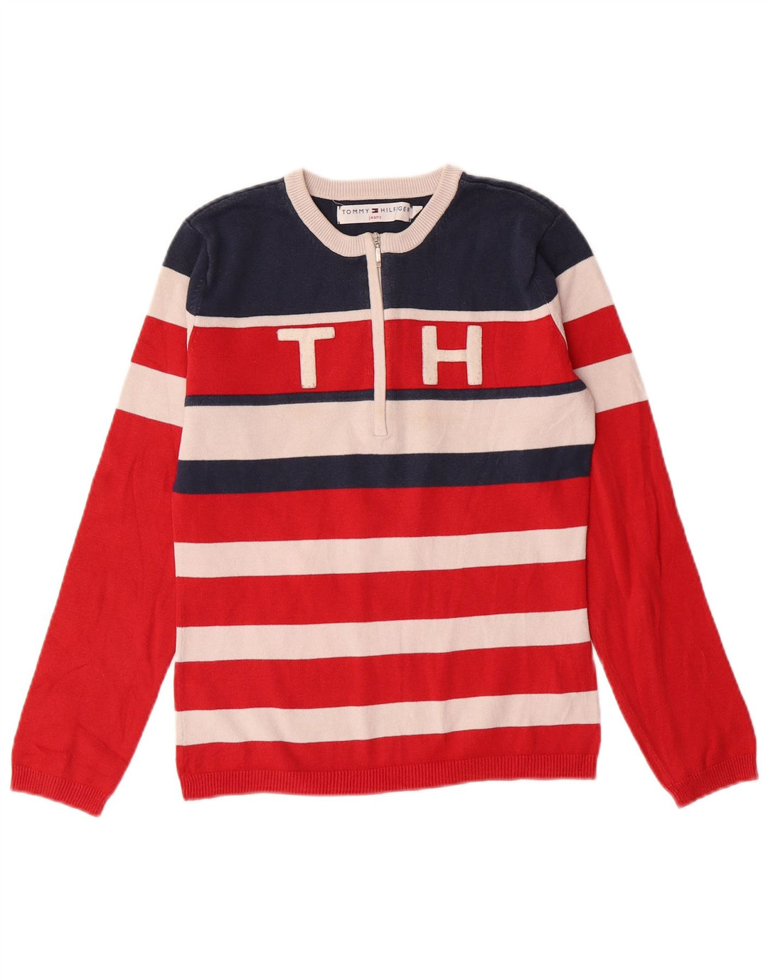 TOMMY HILFIGER Pull à col zippé pour femme UK 12 Rayé rouge moyen