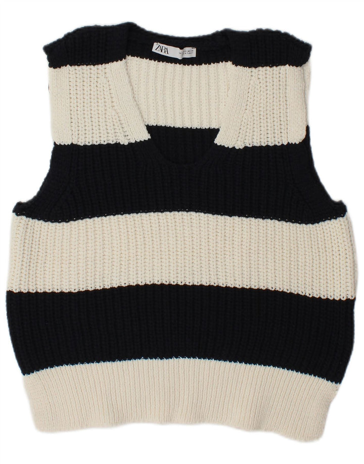Zara Femme Débardeur UK 10 Petit Polyester Rayé Noir