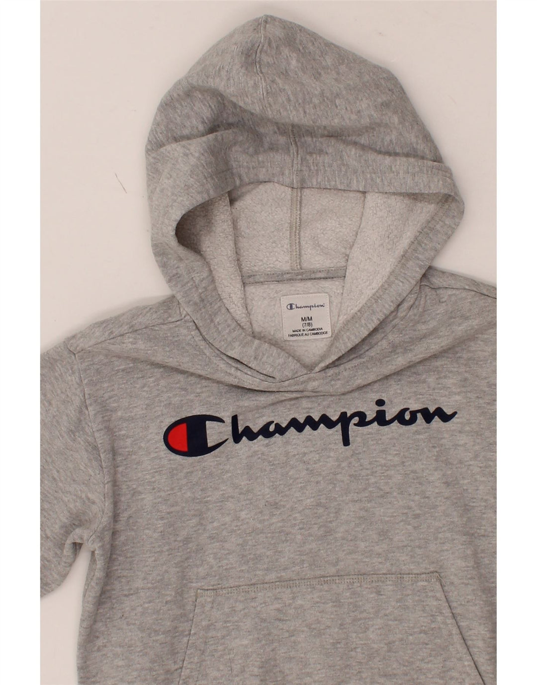 CHAMPION Boys Graphic Hoodie Jumper 7-8 Years Medium Grey Cotton Vintage Champion and Second-Hand Champion from Messina Hembry 
