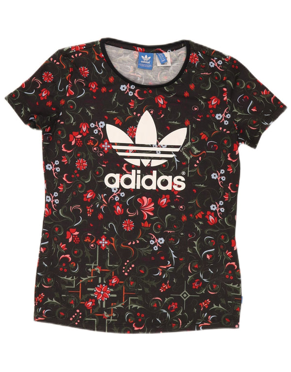 ADIDAS T-shirt graphique pour femme UK 10 Petit noir floral en polyester