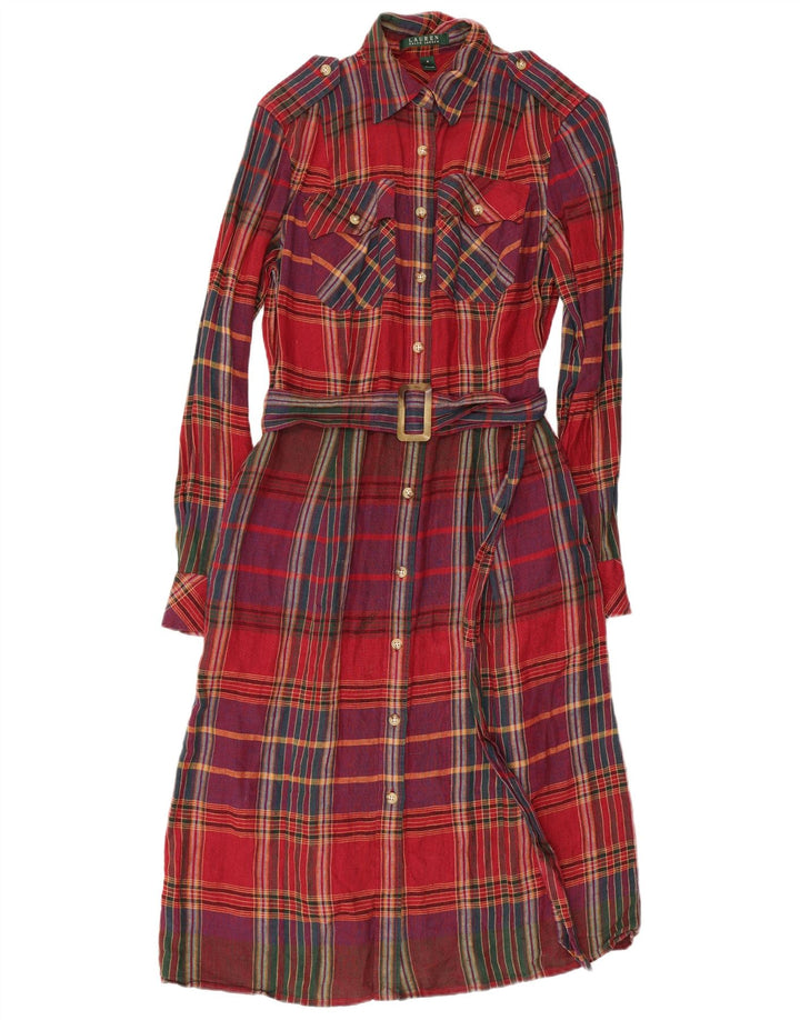 RALPH LAUREN Robe chemise militaire pour femme US 4 petit lin à carreaux rouge