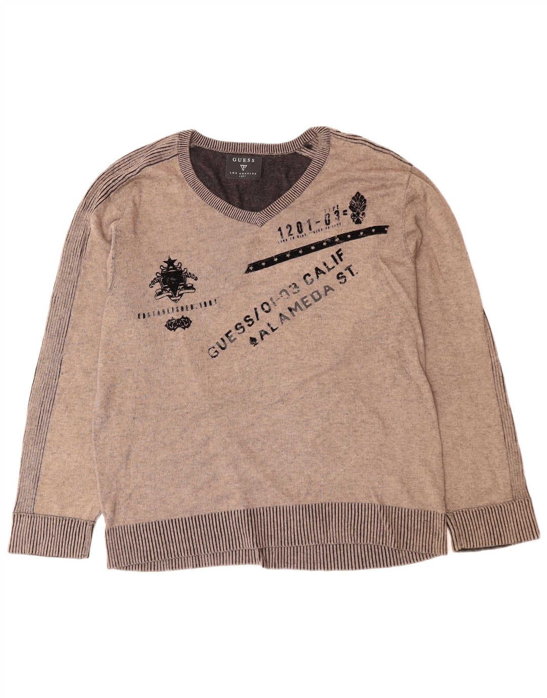 GUESS Pull graphique à col en V pour homme XL Gris