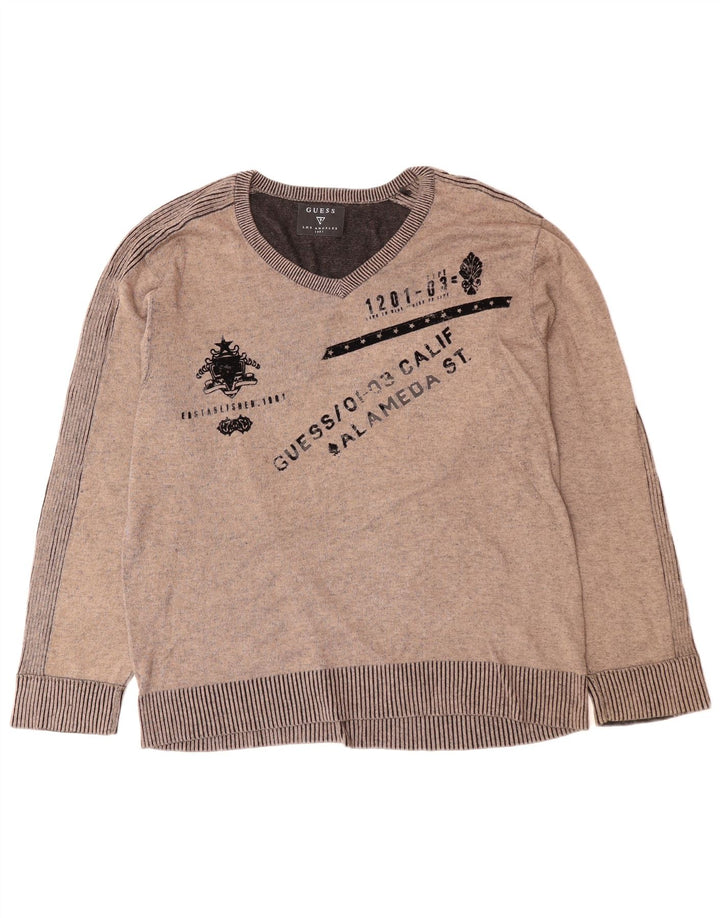 GUESS Pull graphique à col en V pour homme XL Gris