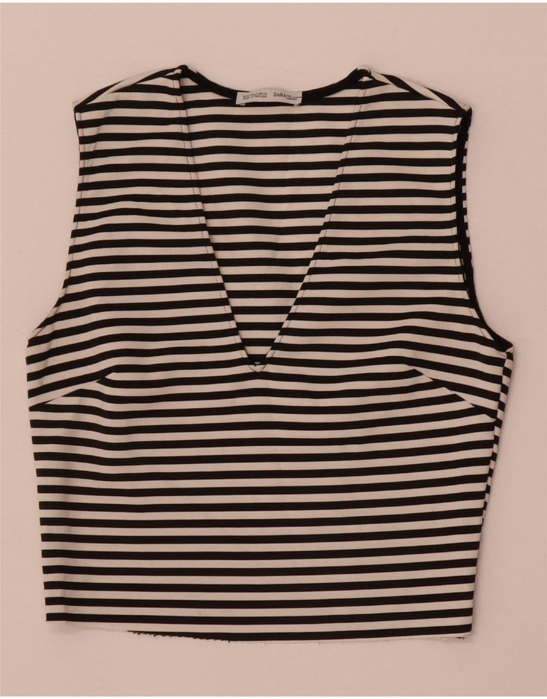 Zara Womens Top court sans manches UK 8 Small Noir Rayé