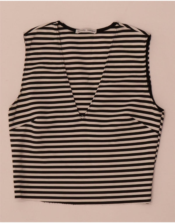 Zara Womens Top court sans manches UK 8 Small Noir Rayé