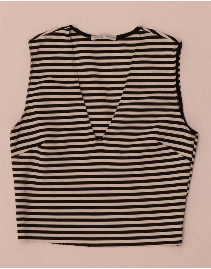 Zara Womens Top court sans manches UK 8 Small Noir Rayé