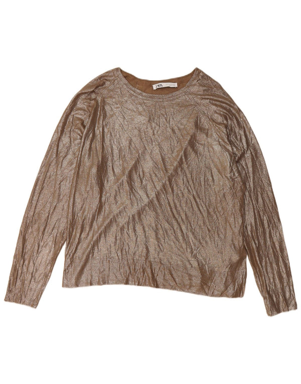 Zara Pull ample à col bateau pour femme UK 14 Viscose dorée moyenne