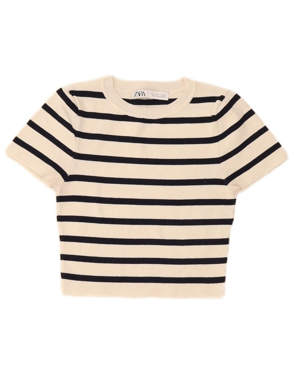 Zara Womens Crop T-Shirt Top UK 8 Petit Viscose Rayé Blanc Cassé