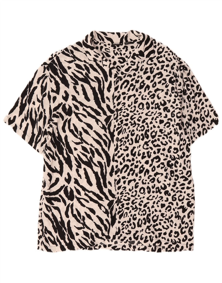 Pull & Bear Chemise à Manches Courtes STWD Homme Blanc Large Viscose Imprimé Animal