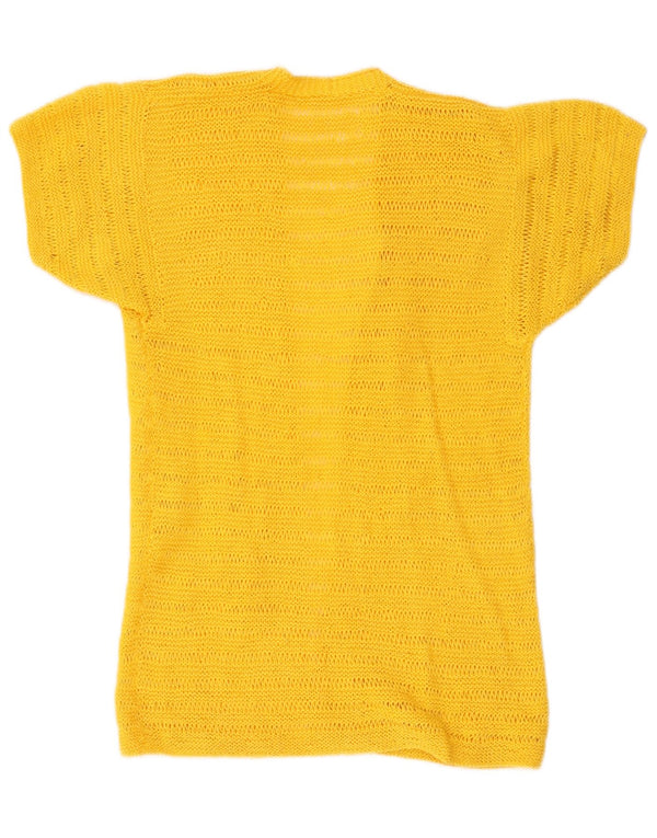 vintage Womens Longline Short Sleeve Cardigan Sweater UK 8 Petit Jaune