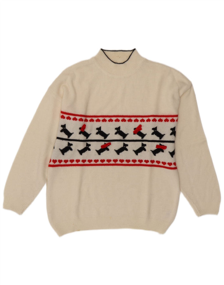 VINTAGE Femme Col Roulé Pull Pull UK 16 Grand Blanc Fair Isle