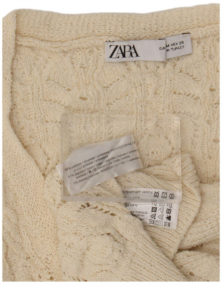 ZARA Femme Crop Cardigan sans manches Pull UK 14 Polyester Beige Moyen