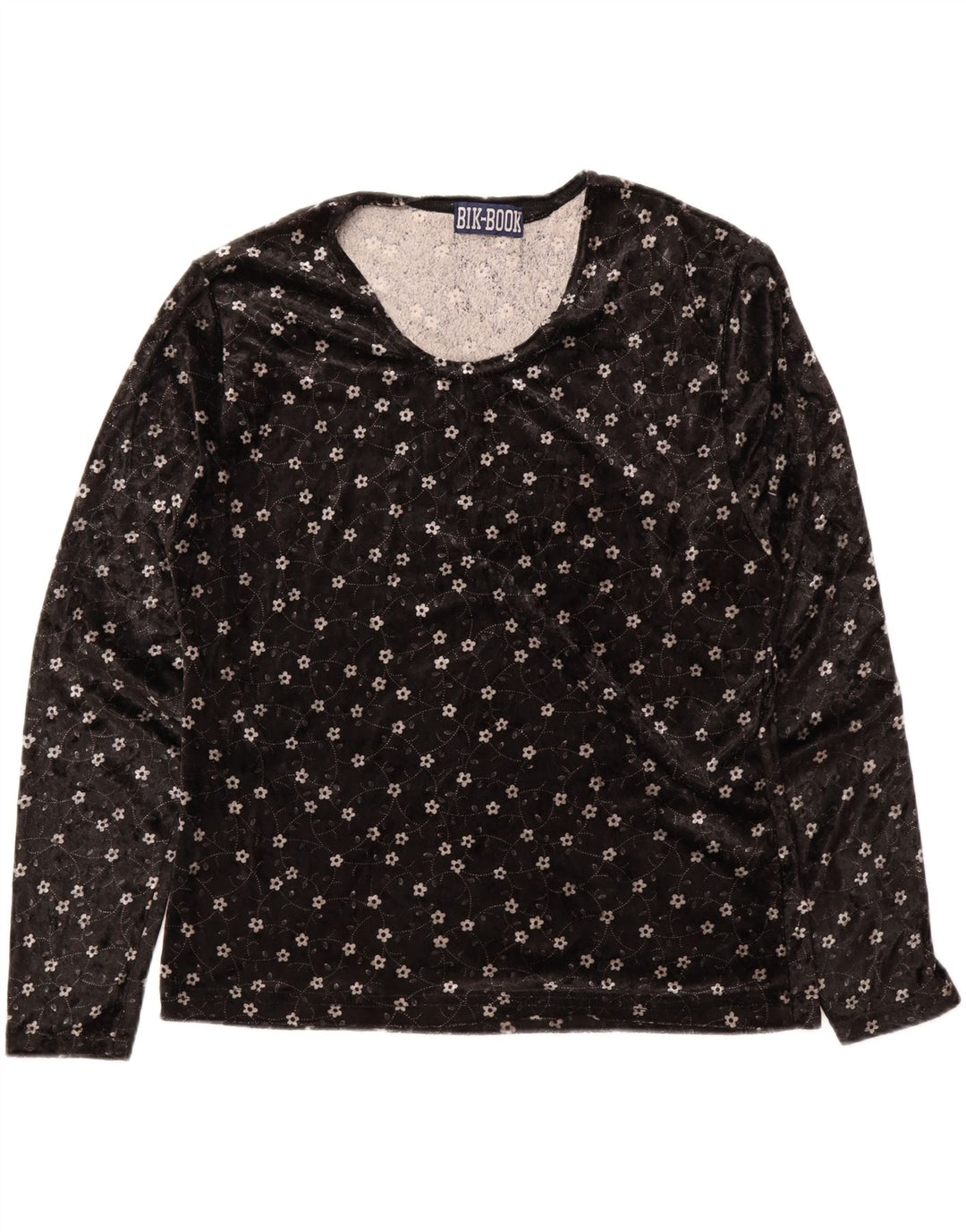 VINTAGE Womens Top Long Sleeve UK 14 Medium Black Floral Polyester