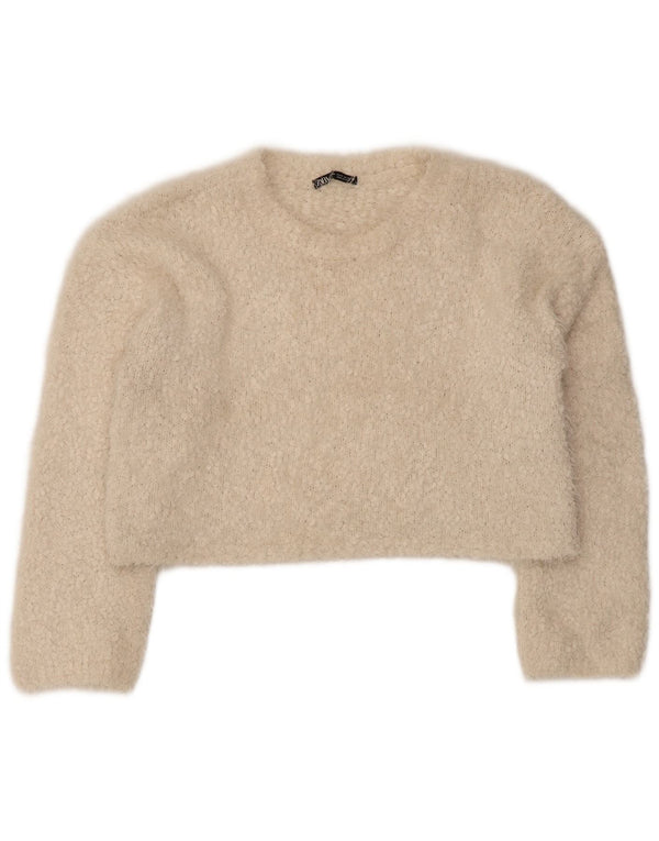 Zara Pull court à col bateau pour femme UK 14 Beige moyen Polyester