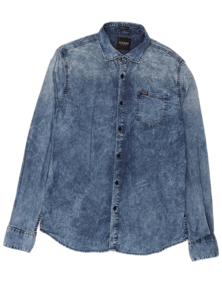 Guess Chemise en Jean Coupe Regular Délavé à l'acide Homme Bleu Moyen Coton
