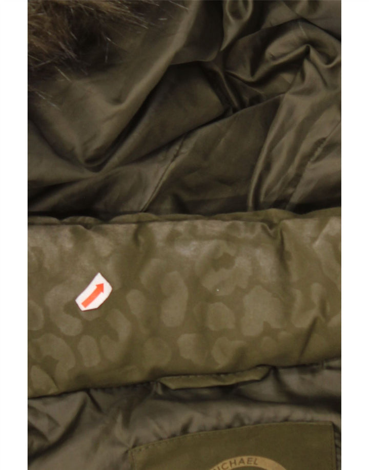 MICHAEL KORS Manteau rembourré à capuche pour femme UK 14 Kaki moyen imprimé animal