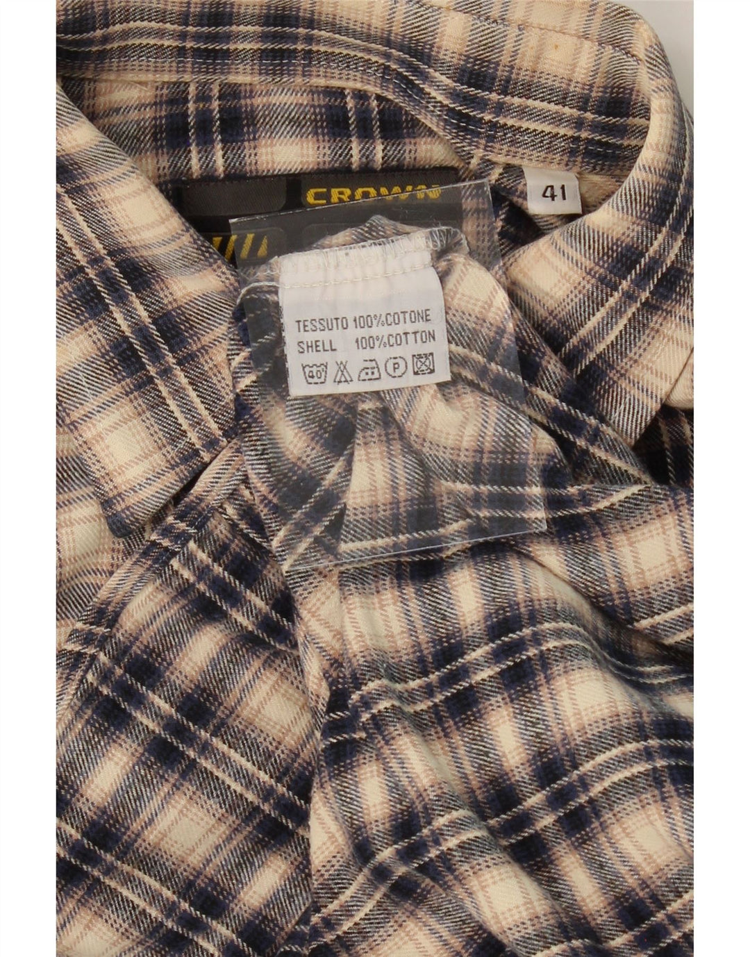 CROWN Mens Flannel Shirt Size 41 Large Beige Check Cotton Vintage Crown and Second-Hand Crown from Messina Hembry 