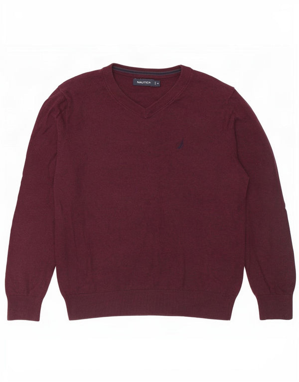 Nautica Pull surdimensionné à col en V pour femme UK 14 en coton bordeaux moyen