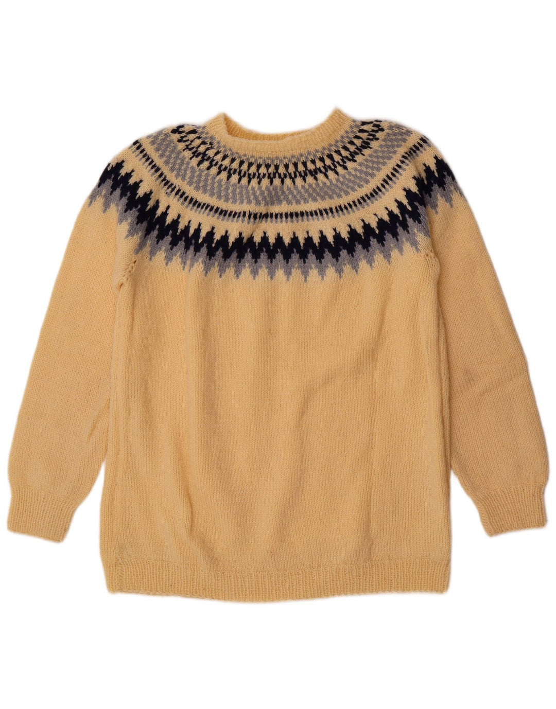 vintage Mens Crew Neck Jumper Pull Moyen Jaune Fair Isle
