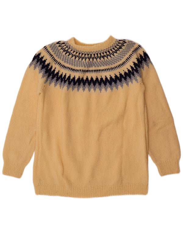 vintage Mens Crew Neck Jumper Pull Moyen Jaune Fair Isle