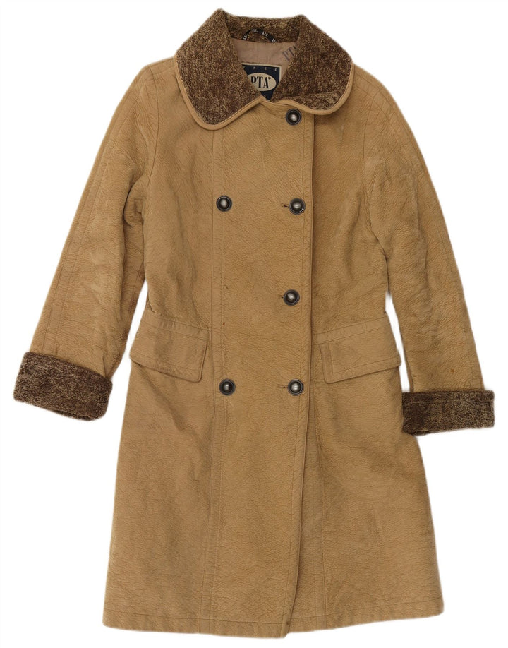 VINTAGE Manteau en cuir à double boutonnage pour femmes UK 6 XS Brown Colourblock