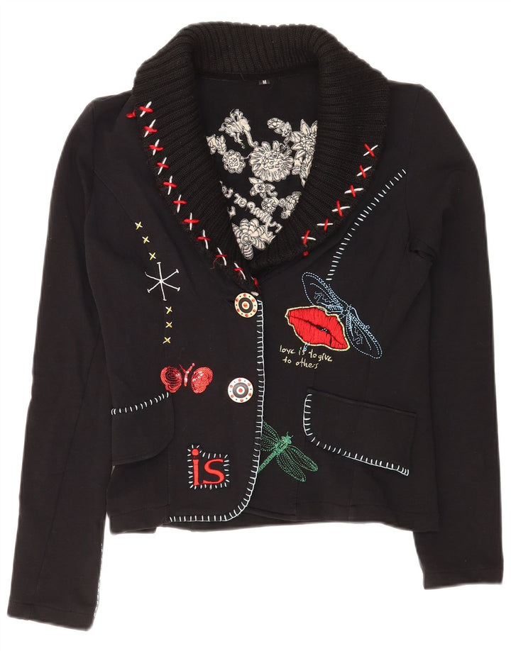 vintage Femmes Graphique 2 Bouton Blazer Veste UK 12 Moyen Noir Floral