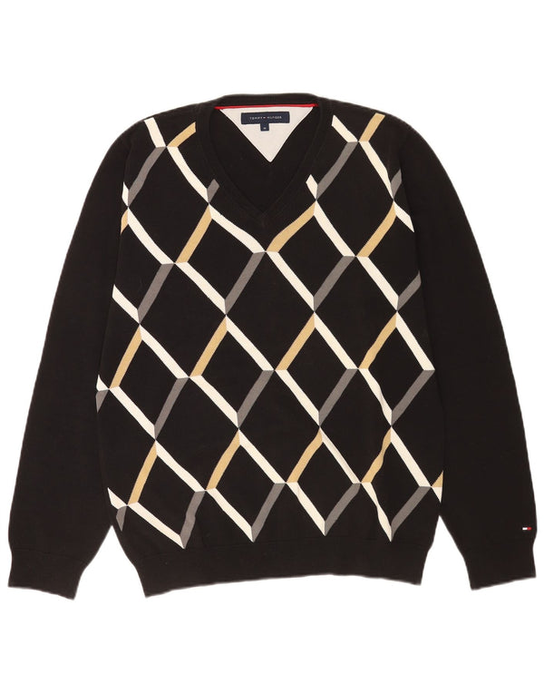 Tommy Hilfiger Mens V-Neck Jumper Sweater Medium Black Argyle/Diamond