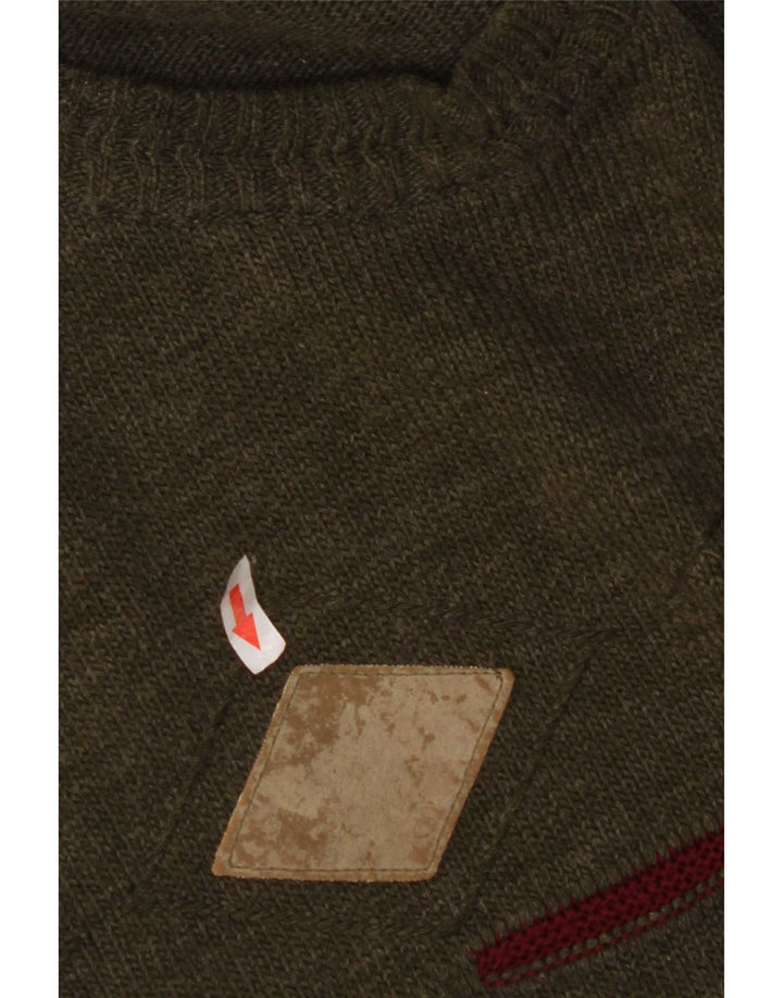 vintage Mens Crew Neck Jumper Pull Moyen Kaki Argyle/Diamant
