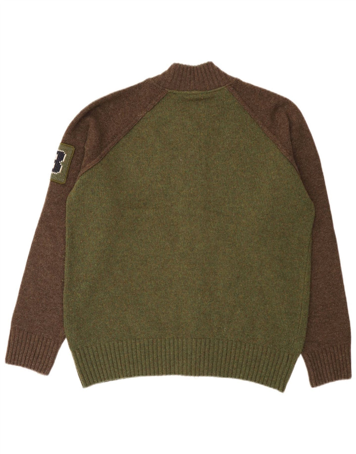 Woolrich Homme Graphique Cardigan Pull Large Vert Colorblock Laine