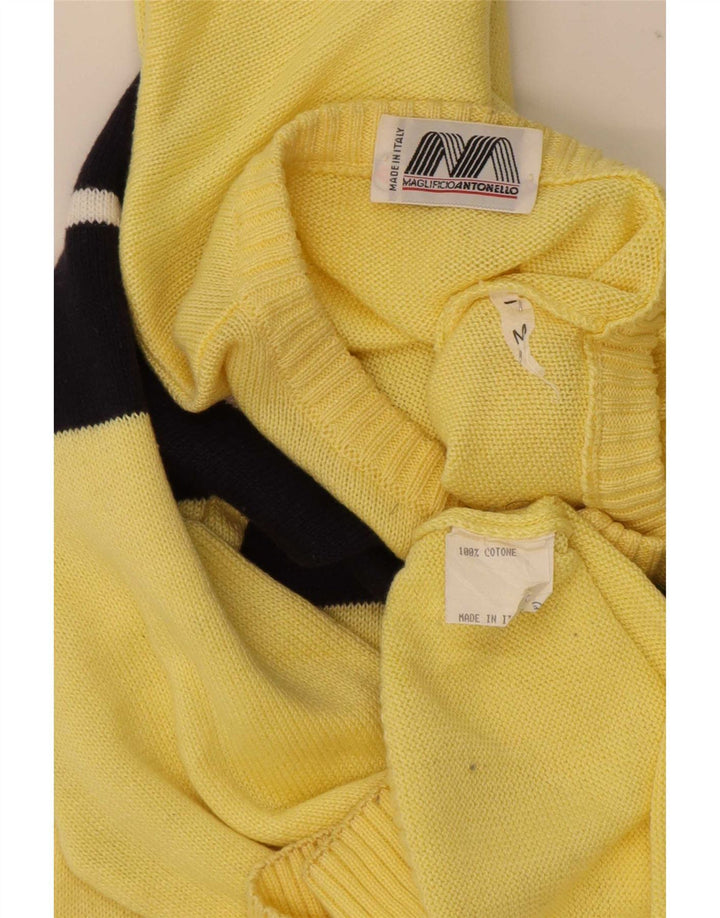 vintage Mens Button Neck Jumper Pull Moyen Jaune Colourblock Coton