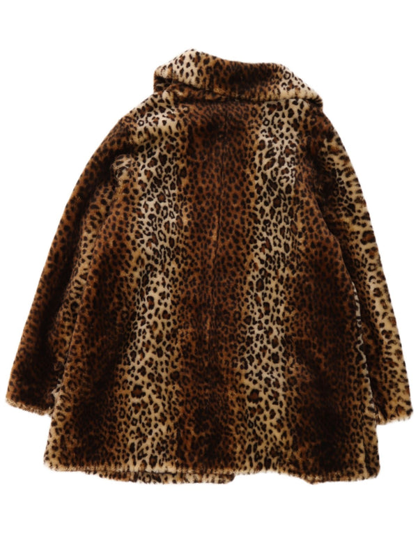 vintage Femmes Fausse Fourrure Pardessus UK 14 Moyen Brun Animal Print Acrylique