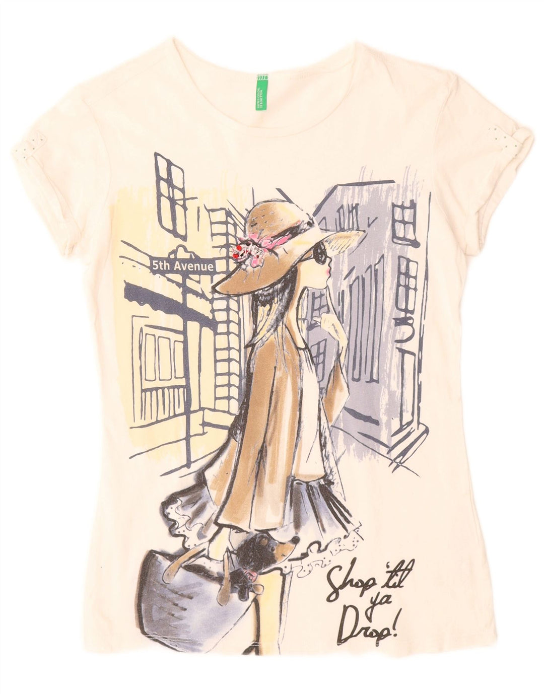 BENETTON T-Shirt Graphique Fille 11-12 ans 2XL Blanc Coton