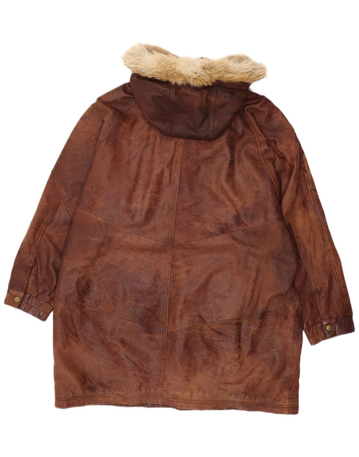 VINTAGE Femme Manteau en cuir à capuche surdimensionné EU 44 XL Cuir Marron