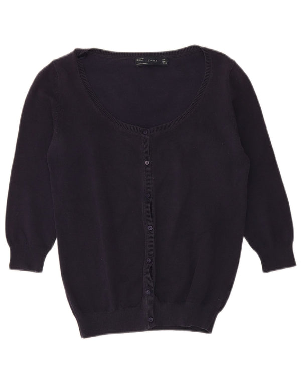 Zara Womens Cardigan à manches 3/4 Pull UK 14 Large Bleu Marine Coton
