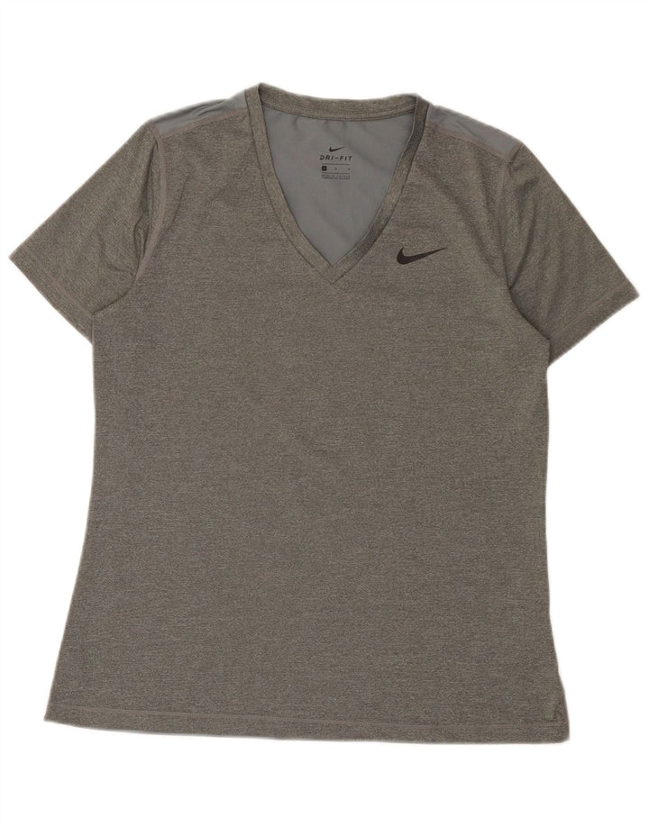Nike Womens Dri Fit T-Shirt Top UK 14 Large Gris Polyester