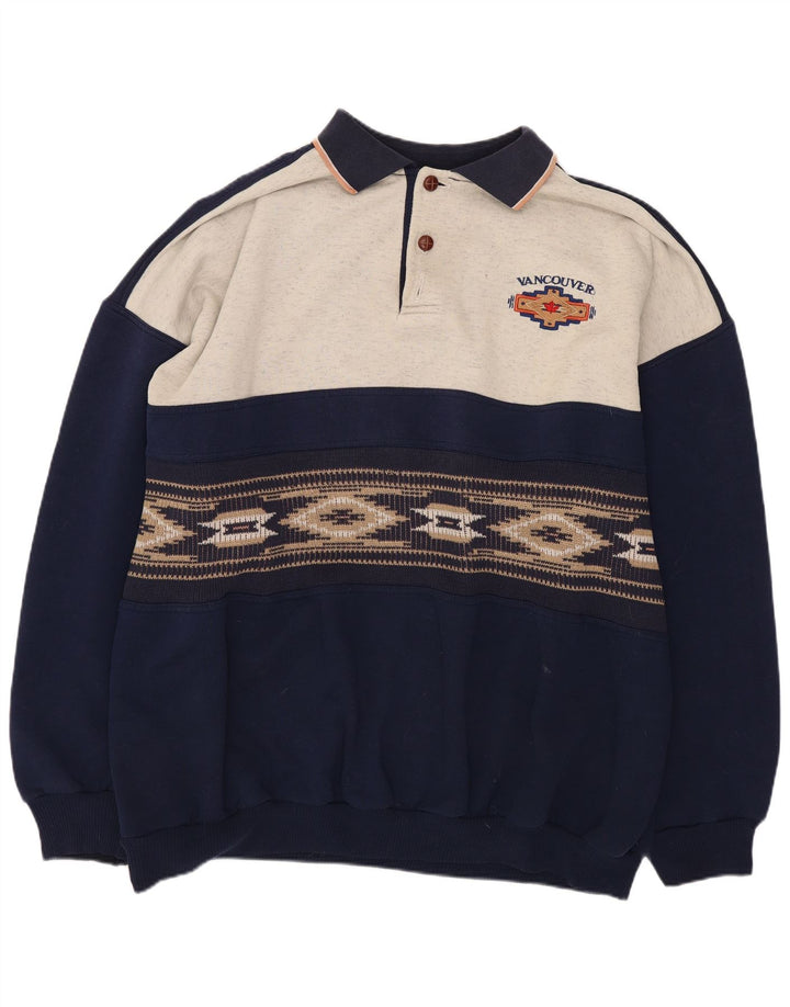 vintage Mens Polo Neck Sweatshirt Jumper XL Bleu Marine Colorblock Polyester