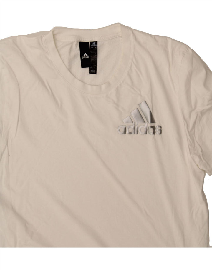 ADIDAS Mens Graphic T-Shirt Top Medium Off White Cotton Vintage Adidas and Second-Hand Adidas from Messina Hembry 